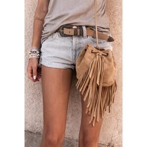 Sand Nubuck Fringe Bucket Bag, Sienna Miller Boho, Glastonbury Desert-Worn Mini